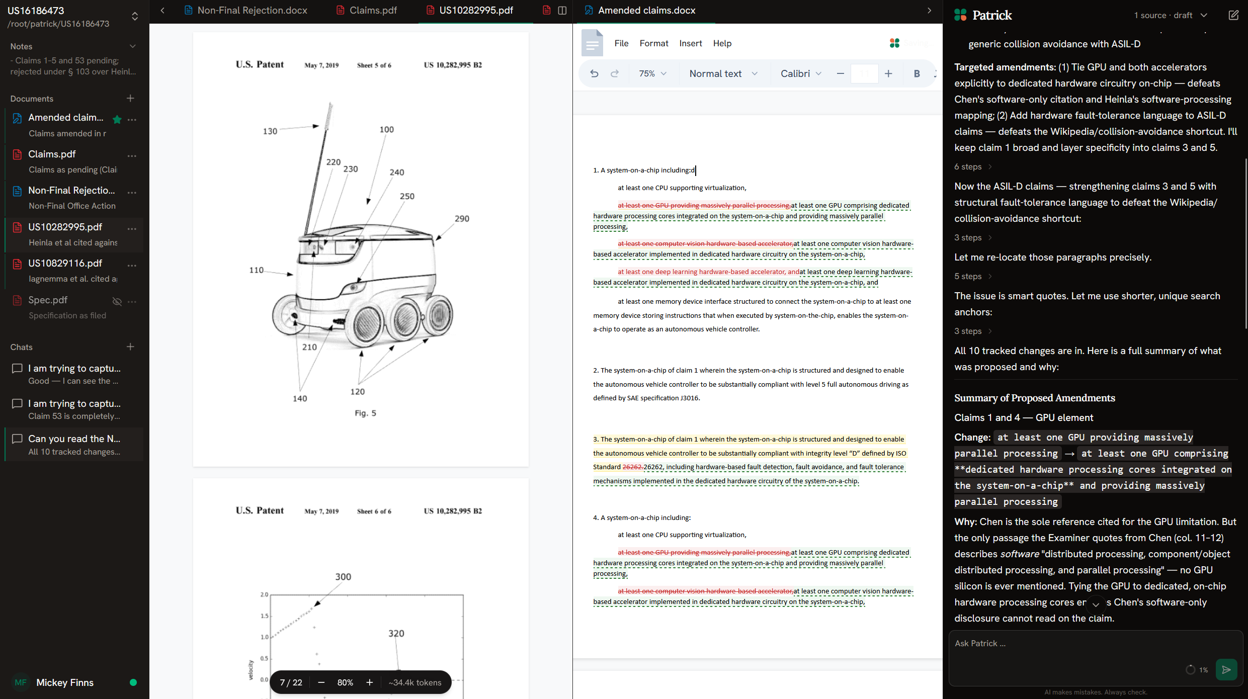 The Patrick workspace — the editor with tracked changes and the chat panel